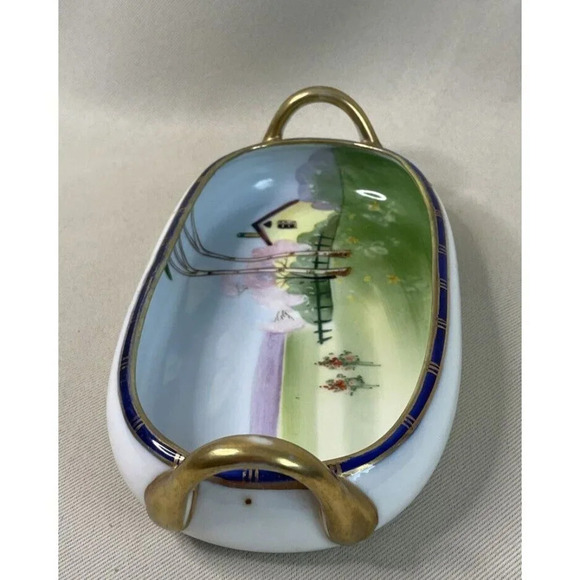 Nippon Hand Painted Double Handle House Tree Floral Scene Oval‎ Bowl Vintage - Picture 3 of 8